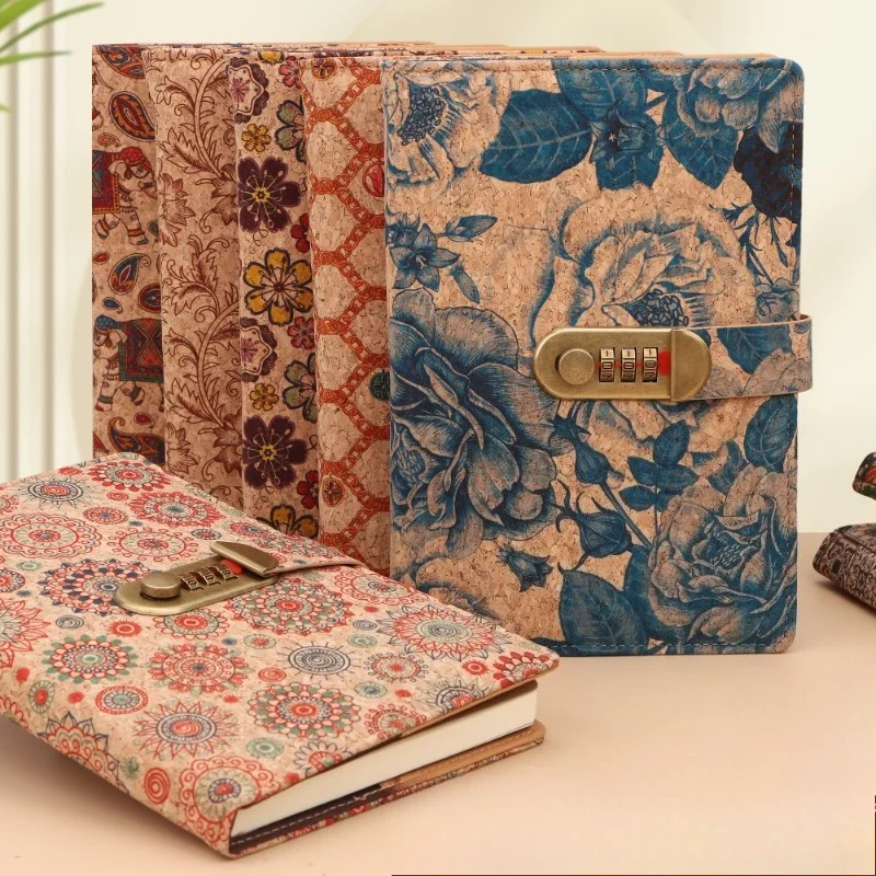 A5 Wood Grain Pattern Lockable Password Notebook Portable Hand Journal Notepad Privacy Diary Stationery