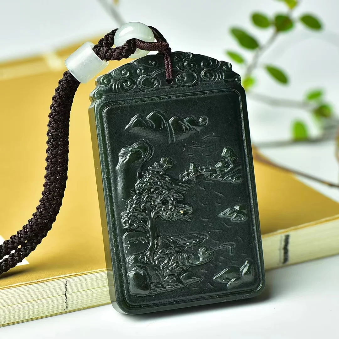 Hetian Green Jade Double-sided Carved Landscape Square Plate Pendant Jewelry 10511#，