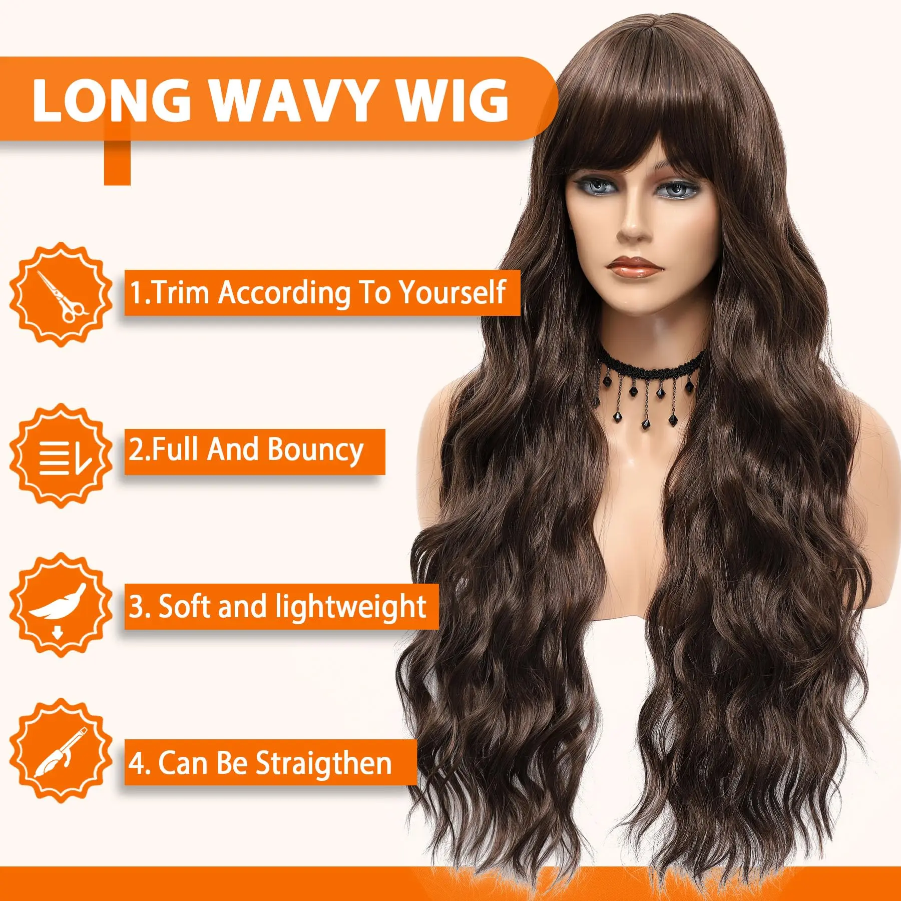 Dark Brown Synthetic Wig with Big Waves, Halloween Party Cosplay Wig, Everyday Wig, High-Temperature Hair Fiber Wig Set