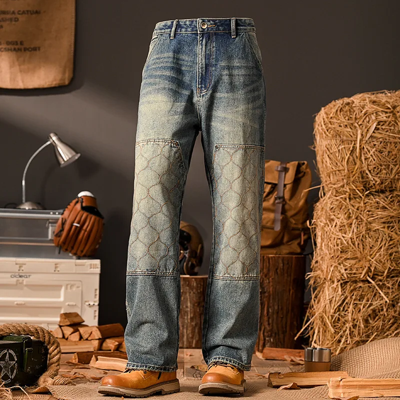 

Splicing jeans men's loose straight leg street fashion retro hip-hop trend personality wide leg pants