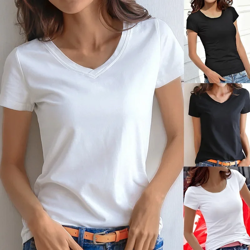 

Solid Basic Short Sleeve Womens Tshirt Casual Black White Fashion Crop Top T Shirt Ladies Fashion Korean Tee Shirt O-V Neck