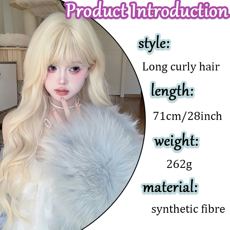 Lolita long roll wig with bangs for women light gold long roll synthetic wig easy to wear suitable for cosplay Halloween parties