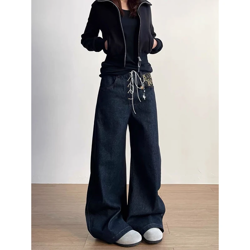 YIBASHU Amerikaanse retro jaren 90 luipaardprint dames jeans hiphop streetwear Y2K wijde pijpen denim broek hoge taille klassieke wijde broek