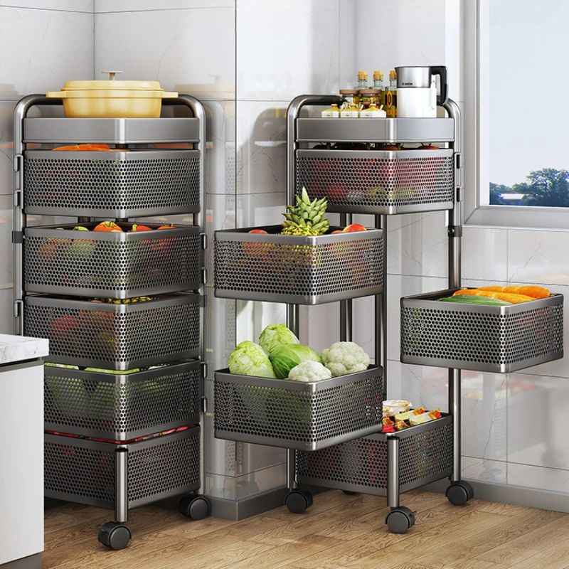 

Kitchen rotating storage rack, floor to floor multi-layer vegetable basket, vegetable snack rack, mobile small cart