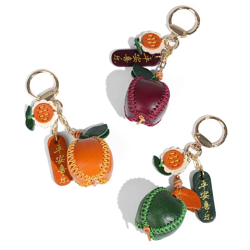 

Handmade Peace and Joy Genuine Leather Cute Little Apple Chinese Style Car Hanging Bag Leather Keychain Decoration