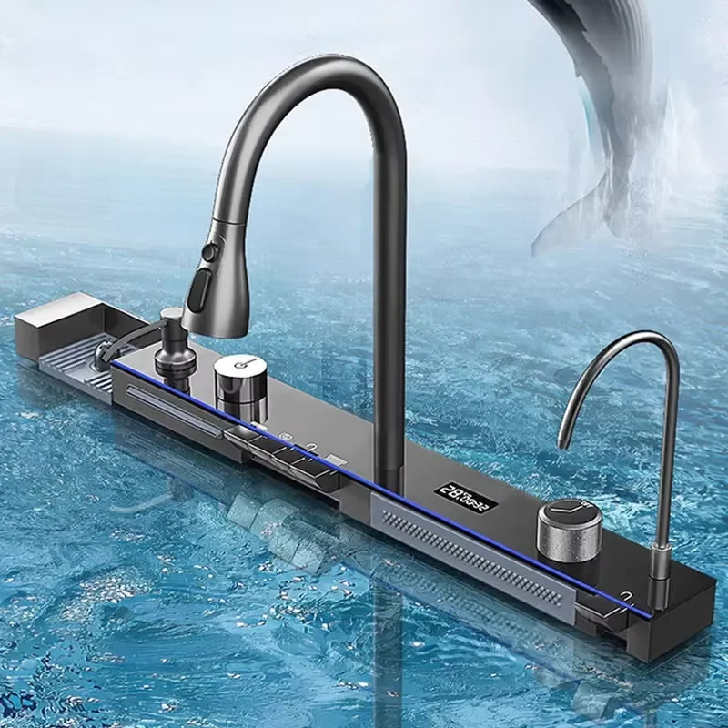 Digital Display Waterfall Kitchen Faucet with Piano Key Control for Sink