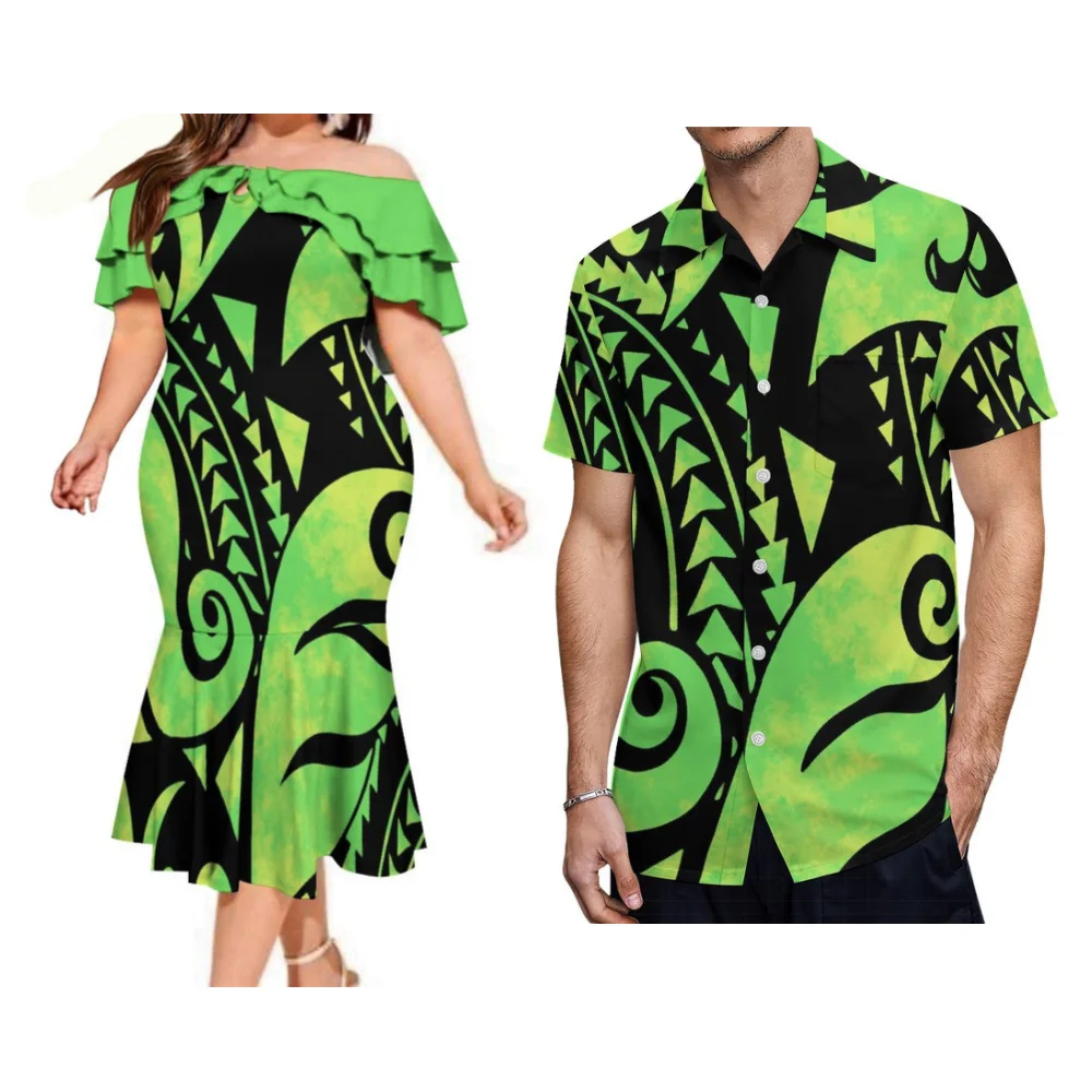 فستان أنيق بكتف واحد على شكل ذيل السمكة للنساء، طقم زوجين مخصص على طراز جزيرة البولينيزية قميص بأزرار للرجال
