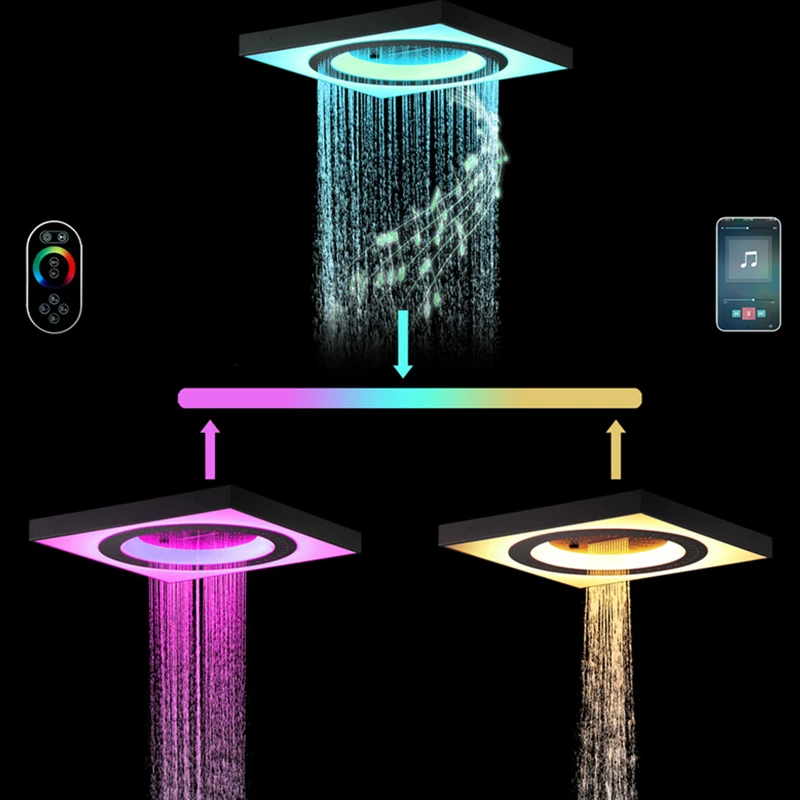 Shower Head LED Light Large Rainfall 600*600mm Square Sprayer Smart Remote Control Multifunction Embed Ceiling Shower Head