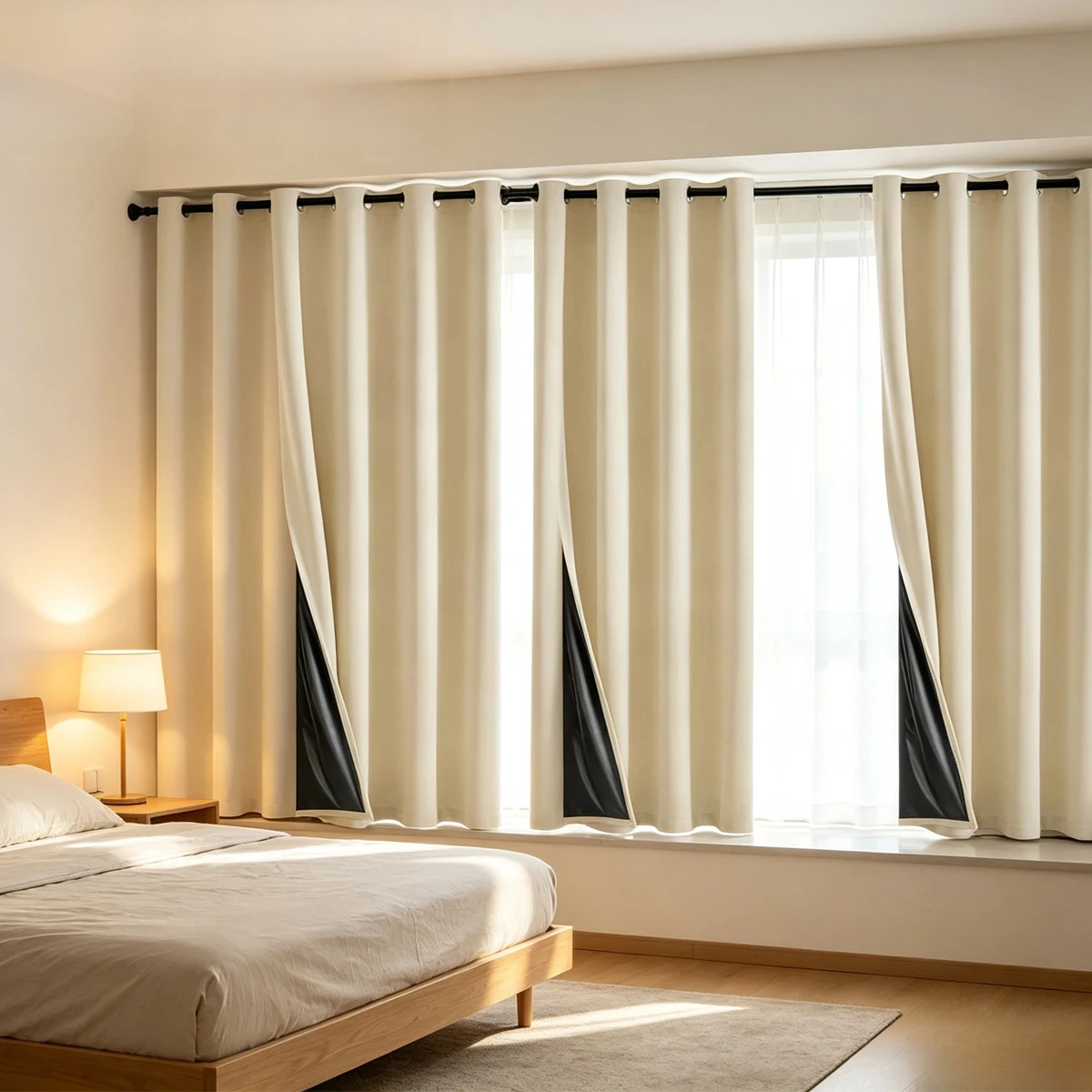 4pcs Grommet Off Blackout Curtains with Black Liner, Modern American Style, Thermal Light Blocking Window Curtains for L-Shap