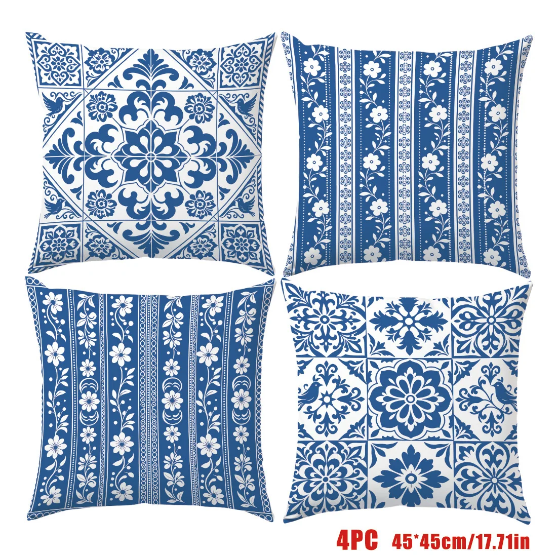Blue and White Floral Printed Pillow Covers Set of 4 Cushions Decorative Throw Pillow Cases for Home Bedroom Boho Mediterranean