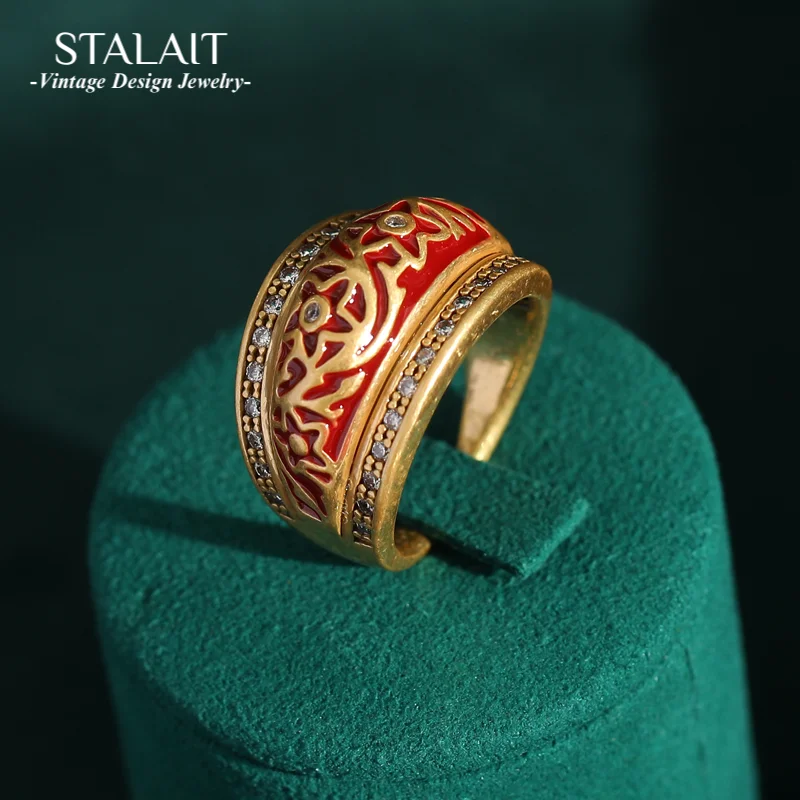 

Red Enamel Inlaid Rhinestones Vintage Rings for Woman Luxury Antique Copper Star Carving Pattern Jewelry Girls Fashion Items