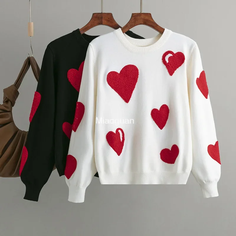 

Flocked Heart Sweater Women, Knitted Pullover Long Sleeve Casual Top, Winter Fall Comfortable Jumper