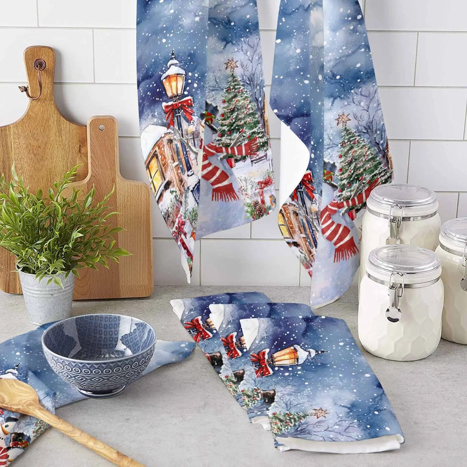 Christmas Winter Christmas Snowman Snow Scene Printed Tea Hand Towel Kitchen Dishcloth Water Absorption Household Cleaning Cloth