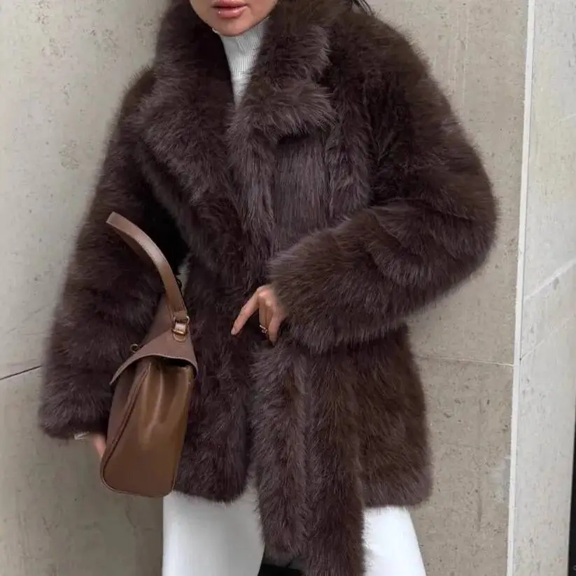 Women Faux Fox Coats Solid Mid Length Fur Jackets Lace Up Lapel Collar Long Sleeves Thick Loose Casual 2025 Autumn Winter