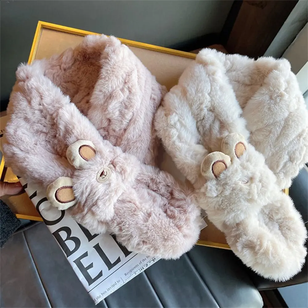 

Cute Thicken Warm Plush Scarf Windproof Faux Fur Neck Wrap Scarf Solid Color Soft Cross Scarves Winter