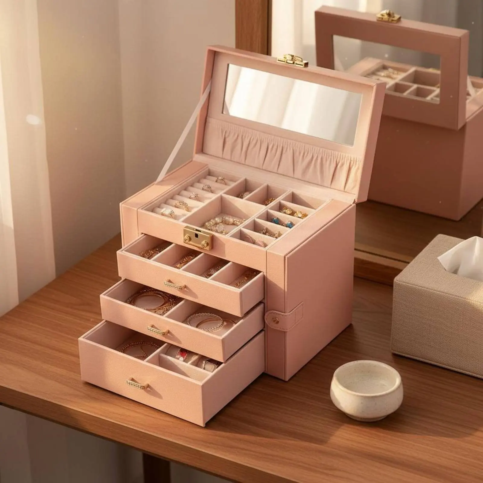 

Multi-Tier Jewelry Box Large Capacity Multi-Drawer Jewelry Case Removable Dividers Anti-Knot Necklace Hangers for Women