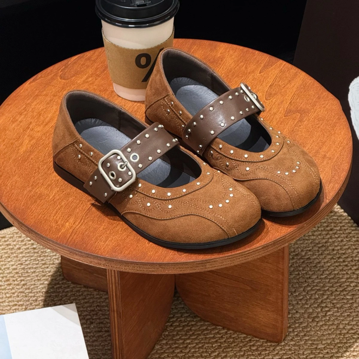 

Retro Rivet Metal Buckle Mary Jane Shoes Early Autumn New Style Inner Heightened Thick Sole Ballet Style Genuine Leather Shoes