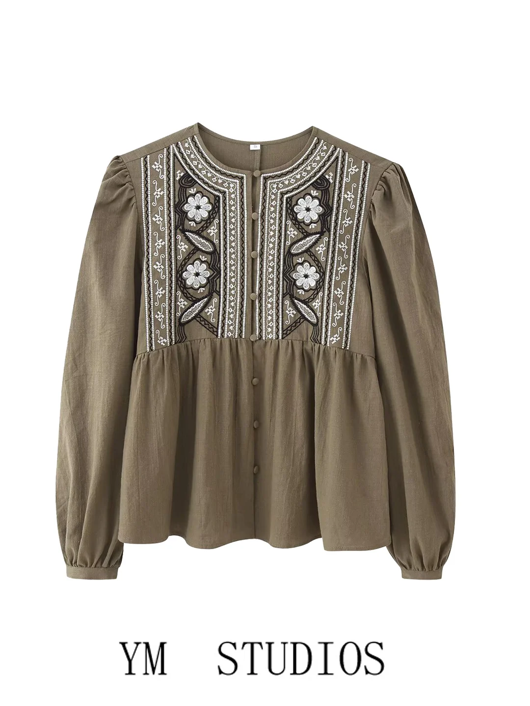 

Свободная повседневная женская блузка с длинными рукавами и круглым вырезом, с вышивкой, рукавами-фонариками, удобная, дышащая, из полиэстера, весна-лето