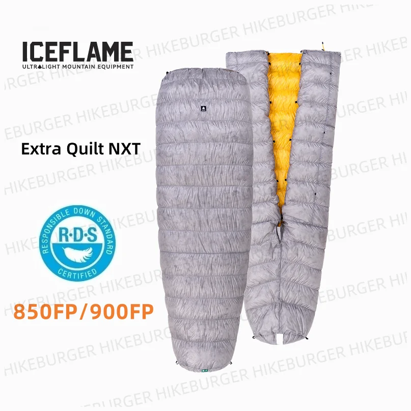 Edredón extra largo IceFlame 900FP, ultraligero, sin pies, con relleno de plumón, tipo saco de dormir tipo momia y sistema de sujeción para colchonetas, ideal para acampar y hacer senderismo.