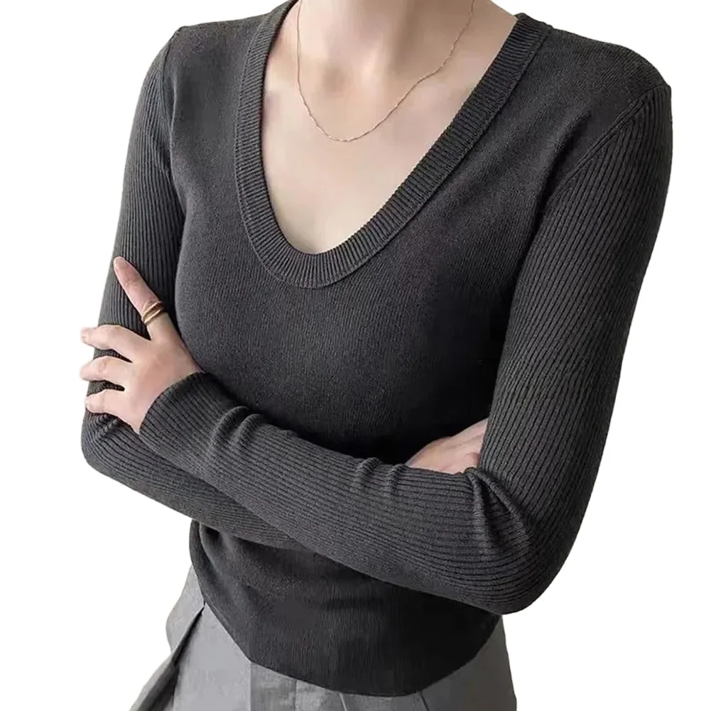 تي شيرت نسائي كوري برقبة على شكل حرف U وأكمام طويلة وطبقة أساسية كاجوال بقصة ضيقة ومصمم للاستخدام اليومي والعطلات