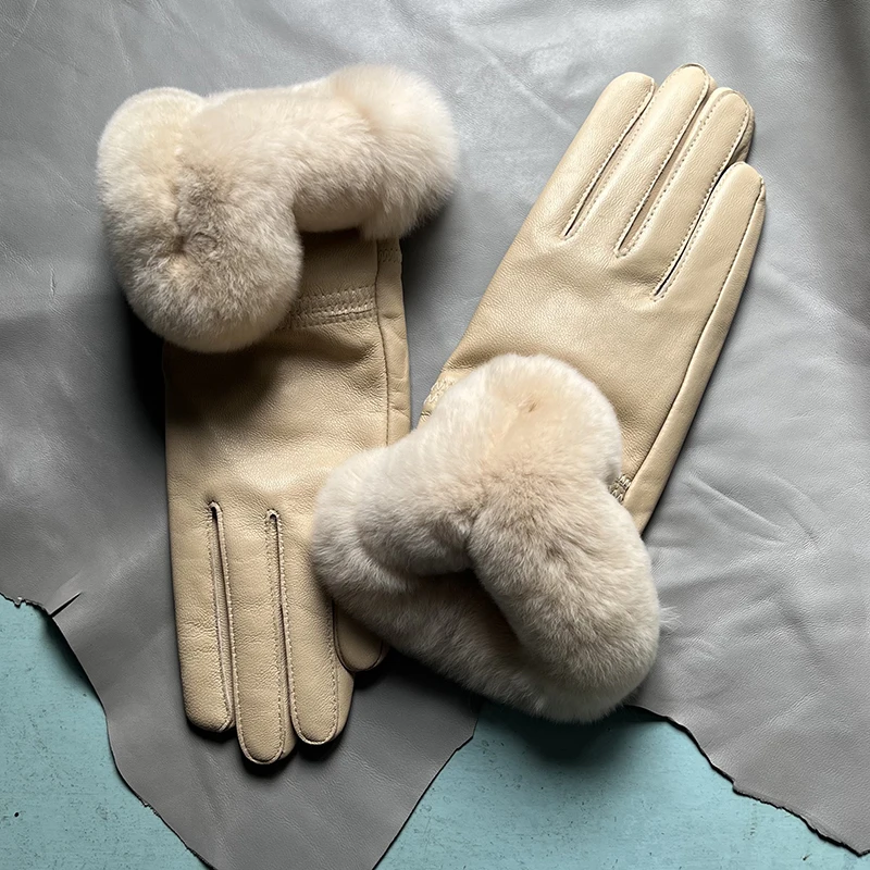 Autumn winter women's genuine leather gloves 100% real rex rabbit fur genuine sheepskin mittens black red blue pink