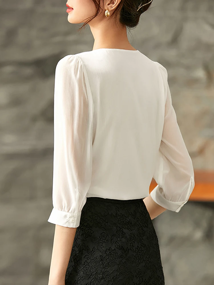 SENTUBILA White Chiffon Shirt for Women 2024 Elegant Fashion Three Quarter Sleeve Pleated Button Down Shirts & Blouses Woman Top