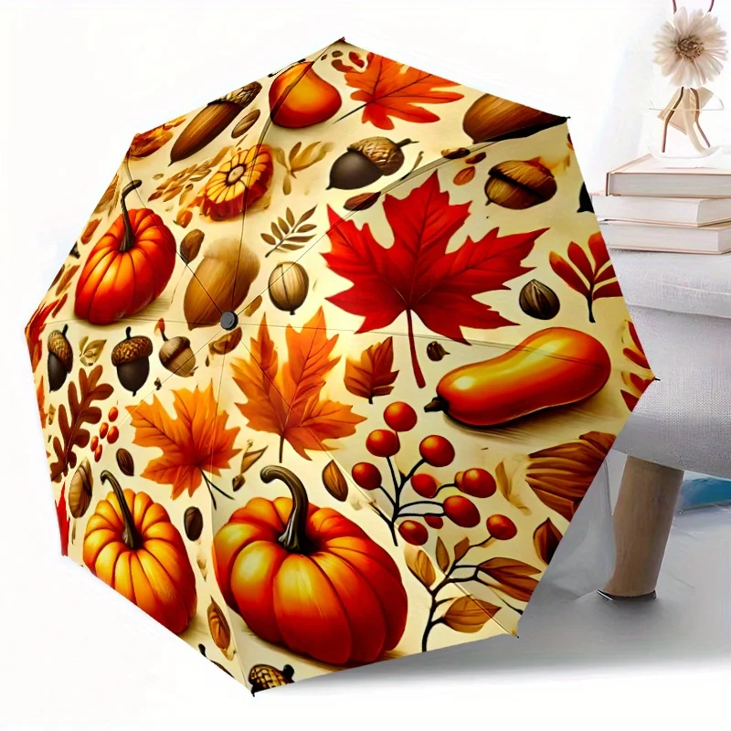 

1pc Autumn Pumpkin Maple Leaves Acorns Gourds Automatic Opening And Closing Umbrella - 8-Rib Windproof Portable Folding Umbrel