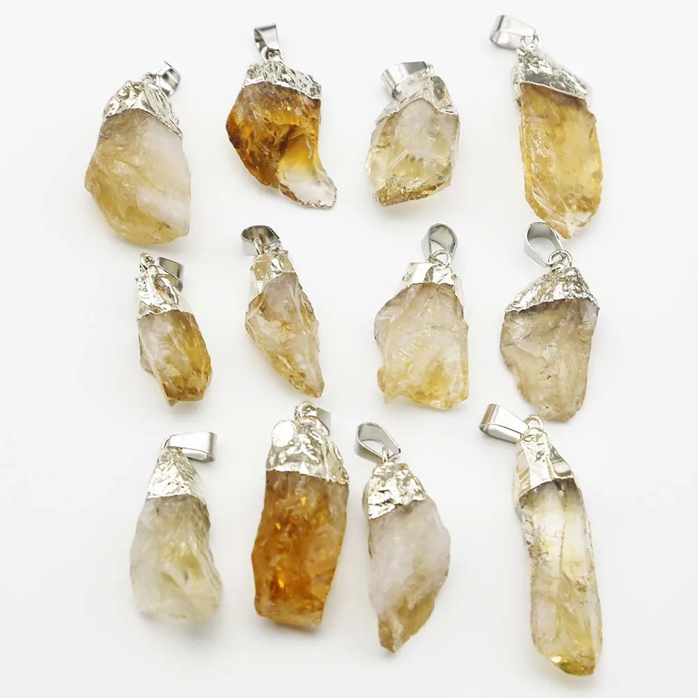 Fashion Natural Raw Ore Irregular Topaz Pendant Yellow Crystal Plating Silver Necklace Charm Jewelry Accessories Wholesale 10Pcs