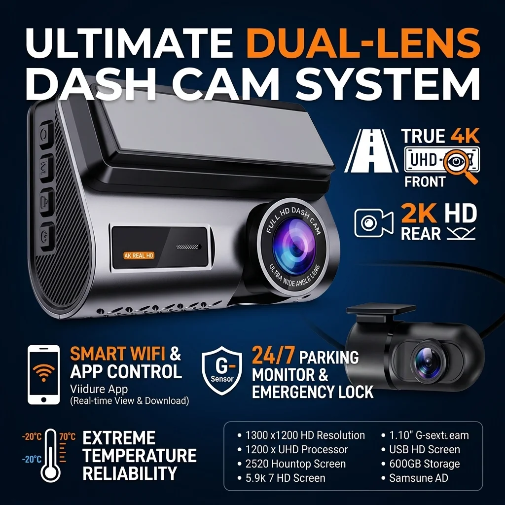 4K Mini Dash Cam GPS WiFi App Control Front 2160P and Rear 2K Dual Camera Night Vision G-Sensor 24H Parking Monitor Support 256G