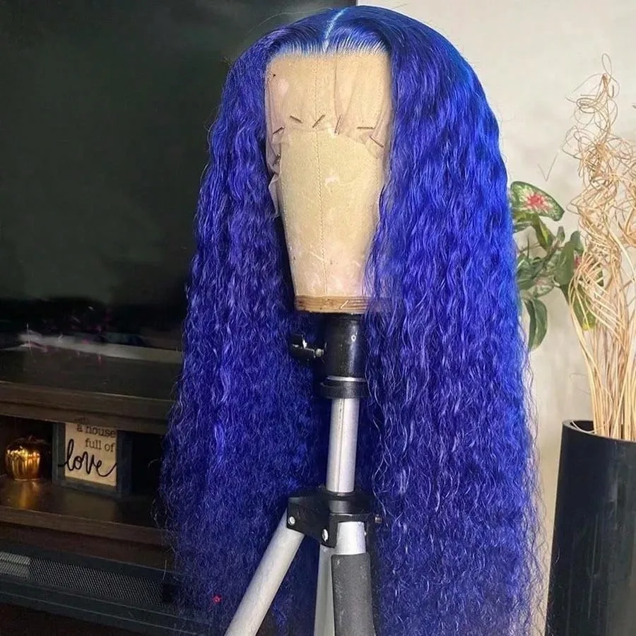 Parrucca blu Parrucca frontale allentata a onda profonda 13x4 HD Parrucca anteriore in pizzo trasparente Parrucca Glueless a densità 200% sintetica per le donne perruque