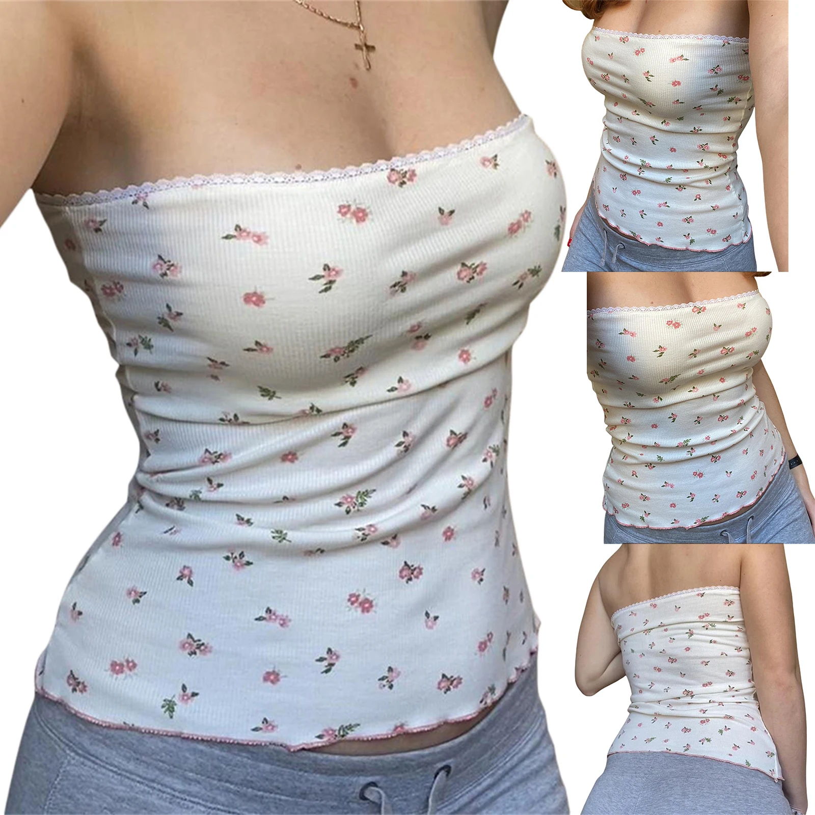 Dames Bloementube Tops Kanten Strapless Nauwsluitende Crop Tops Zomer Casual Y 2K Bandeau Tanktop
