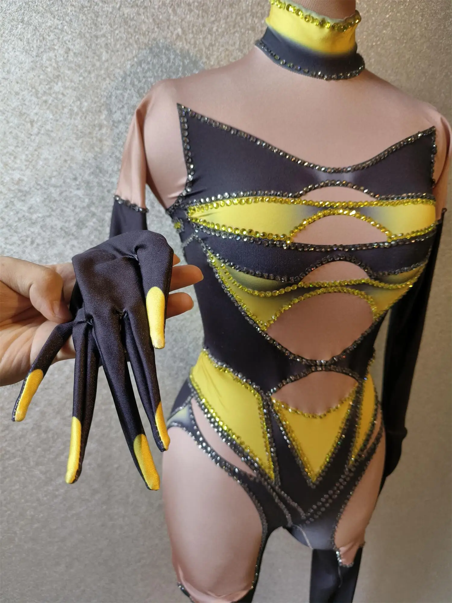 Women SparklyStones Stretchy Skinny Jumpsuit Gloves Nightclub Party Outfit Dancer Performance Costume Stage Wear Dahuangfeng