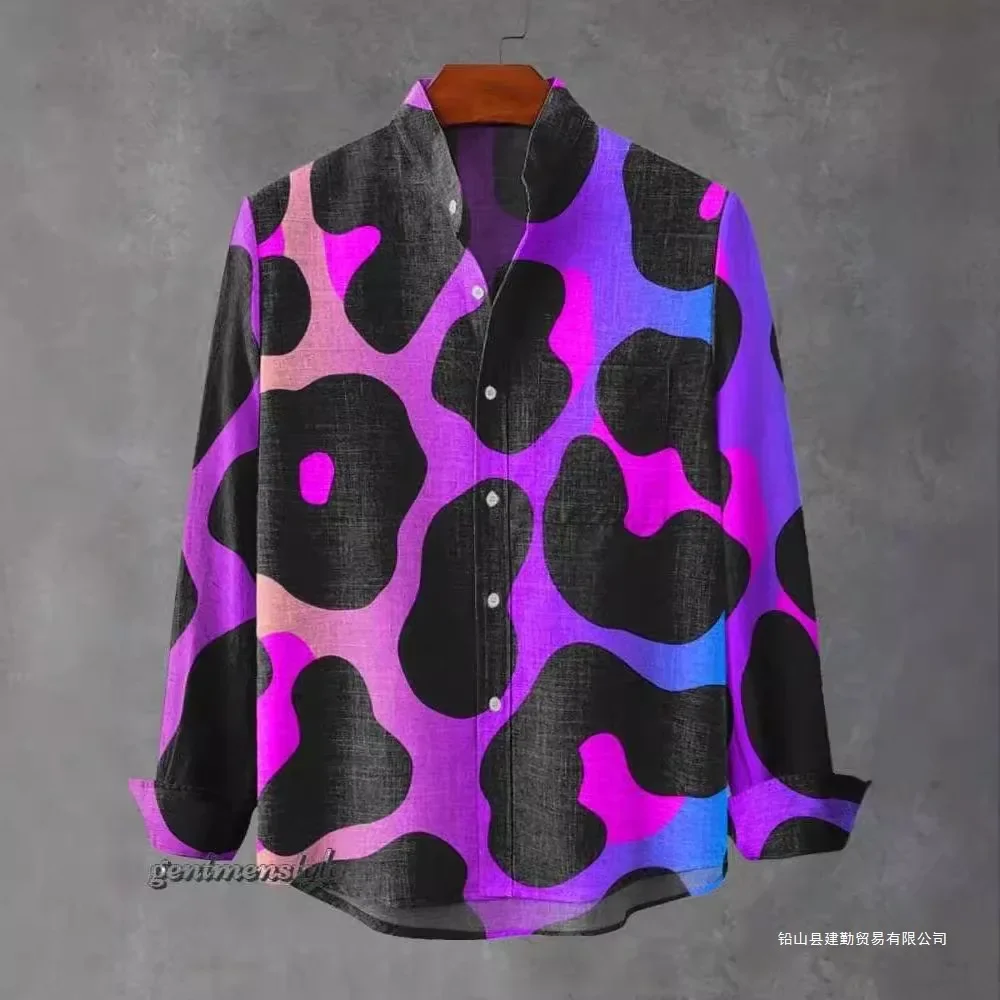 2025 Shirt Elegant Fragmented Pattern Printed Top Spring and Autumn Men's Fashion Stand collar Linen Long sleeved