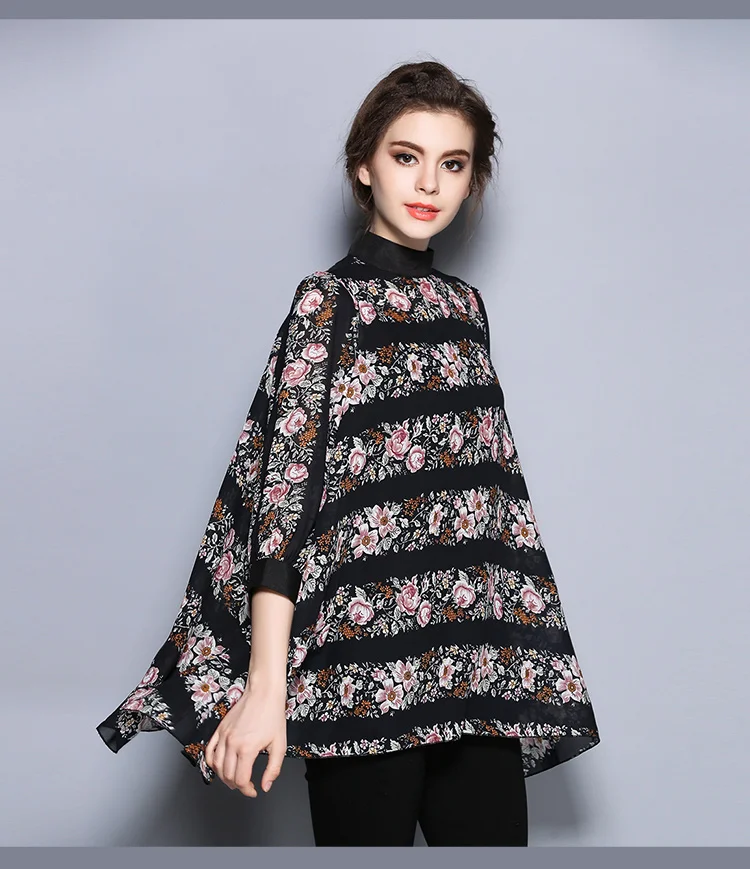 

Faionable Loose Women's irt New Design 2023 Ele Print Chiffon Top Mid-Length Stand Collar Two-Piece Set Summer Wear