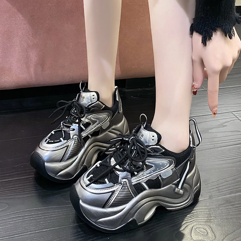 

7CM New 2026 Summer Chunky Sneakers High Platform Casual Vulcanized Shoes Woman Soft Breathable Mesh Sneakers Sports Dad Shoes