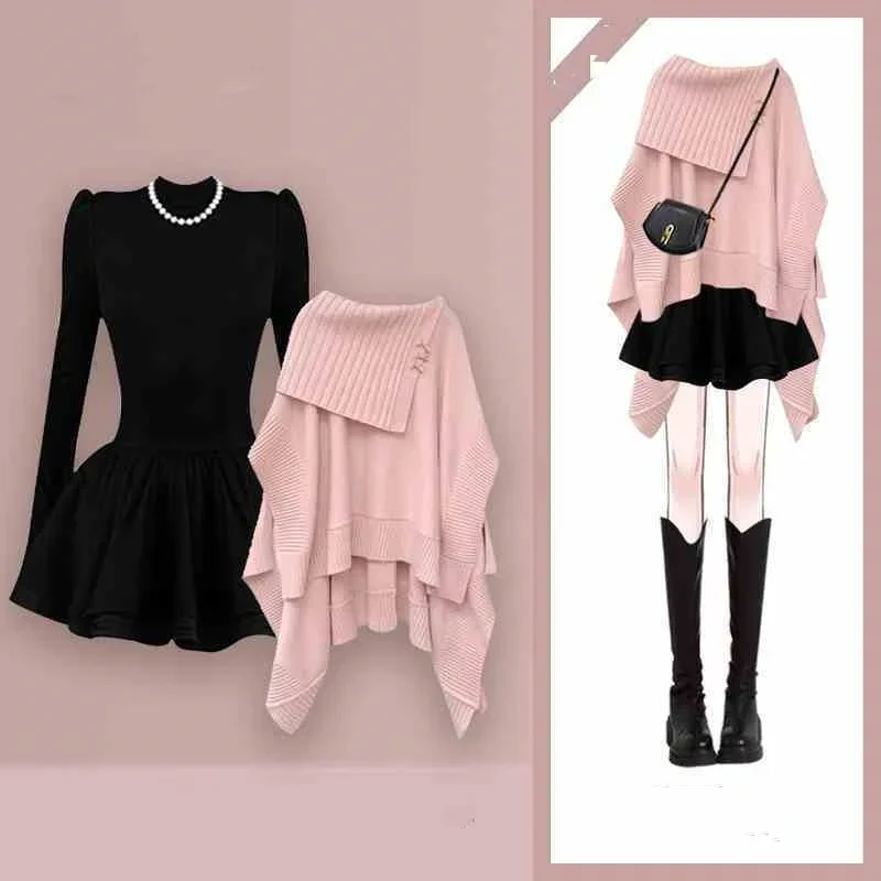 Women Graceful Pink Short Sweater Mini Black Ball Gown Two Piece Set Spring Autumn Women New Knit Pullover Tops Dress Outfits