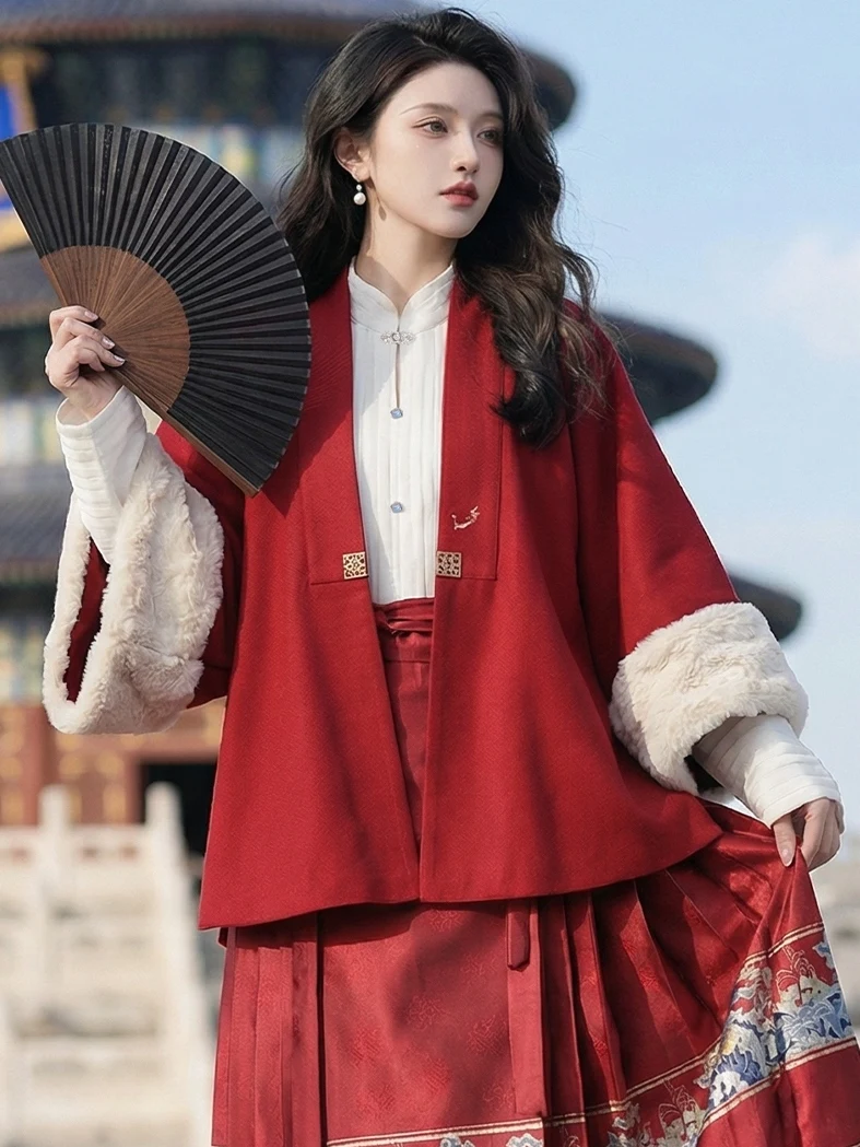 

Autumn Winter Thiened Woolen Coat Traditional Ming Dynas Sle Red Long Jaet Collar New Year War Clothes Warm Hanfu Out...