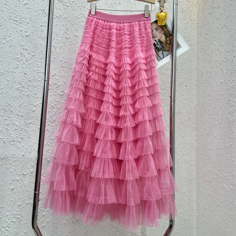 Women Summer Elastic Waist Long Skirts Fashion French Mesh Cake Skirt Double-deck A-line Skirts Female Casual Princess Skirts