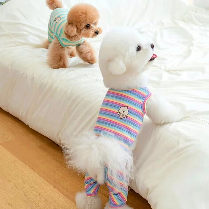 2023 Summer Soft Dog Clothes New Thin Pet Rainbow Four-legged Teddy Striped Pajamas Poodle Yorkshire Jumpsuit Pet Clothing XS-XL