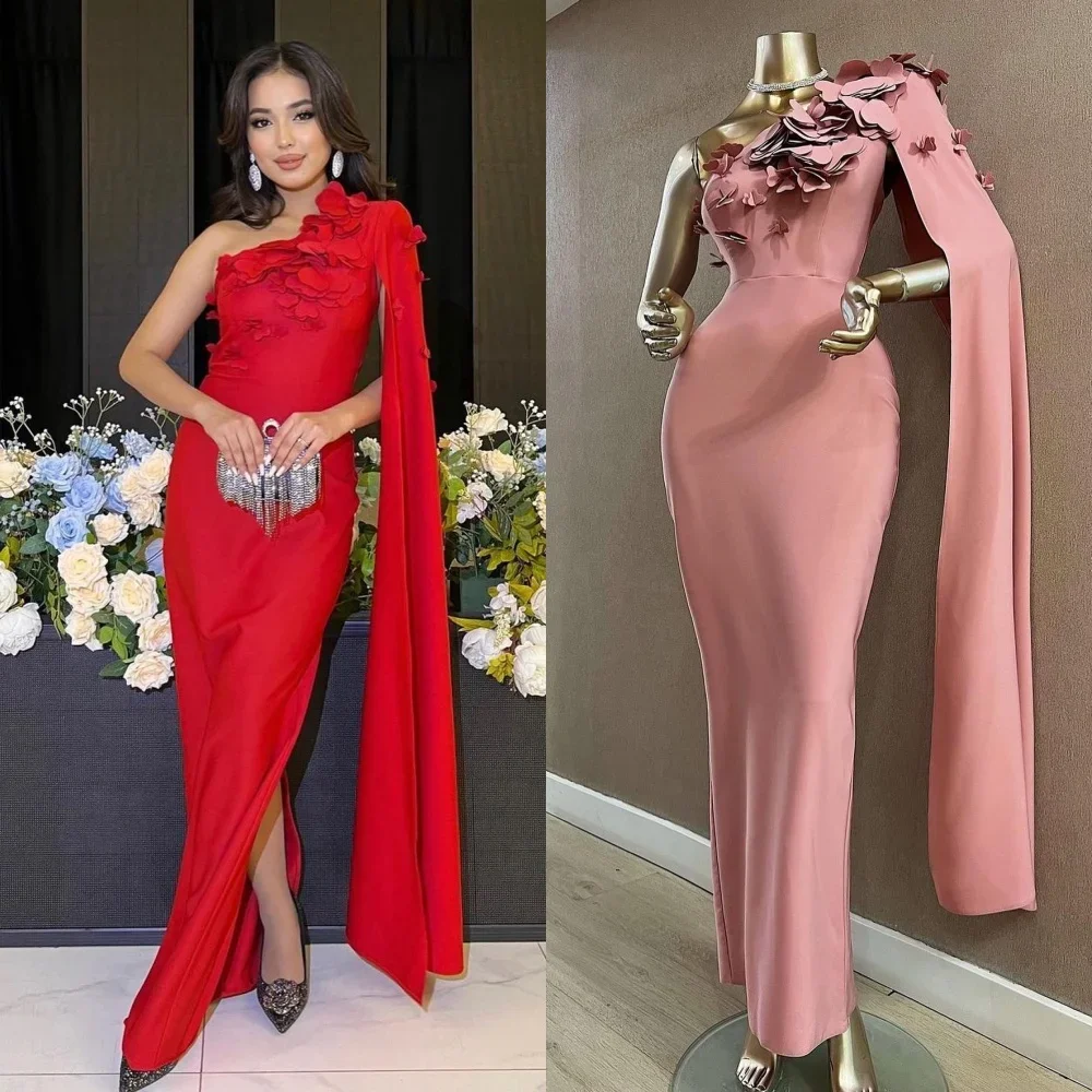 

Customized Prom Dress Jersey Flower Ruched Evening A-line One-shoulder Gown Long Dresses Exquisite High Quality Gowns for Women