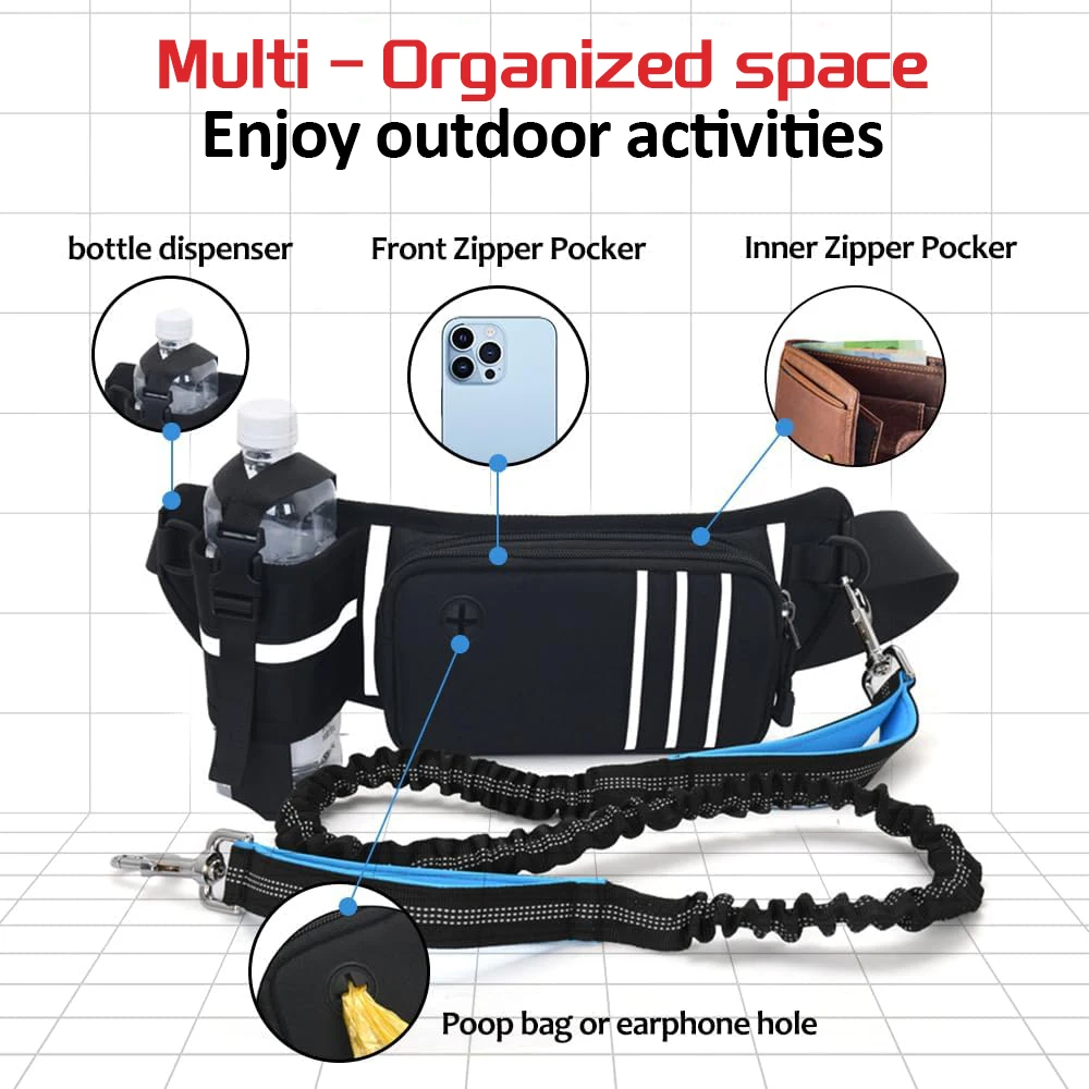 Hands-Free Dog Leash with Zipper Pouch, Dual Padded Handles, and Durable Bungee for Walking, Jogging & Running