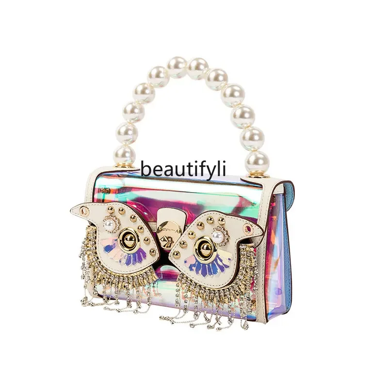 zqSummer Fashion Colorful Jelly Bag Pearl Portable Tassel Mask Shoulder Bag Owl Face Changing Bag