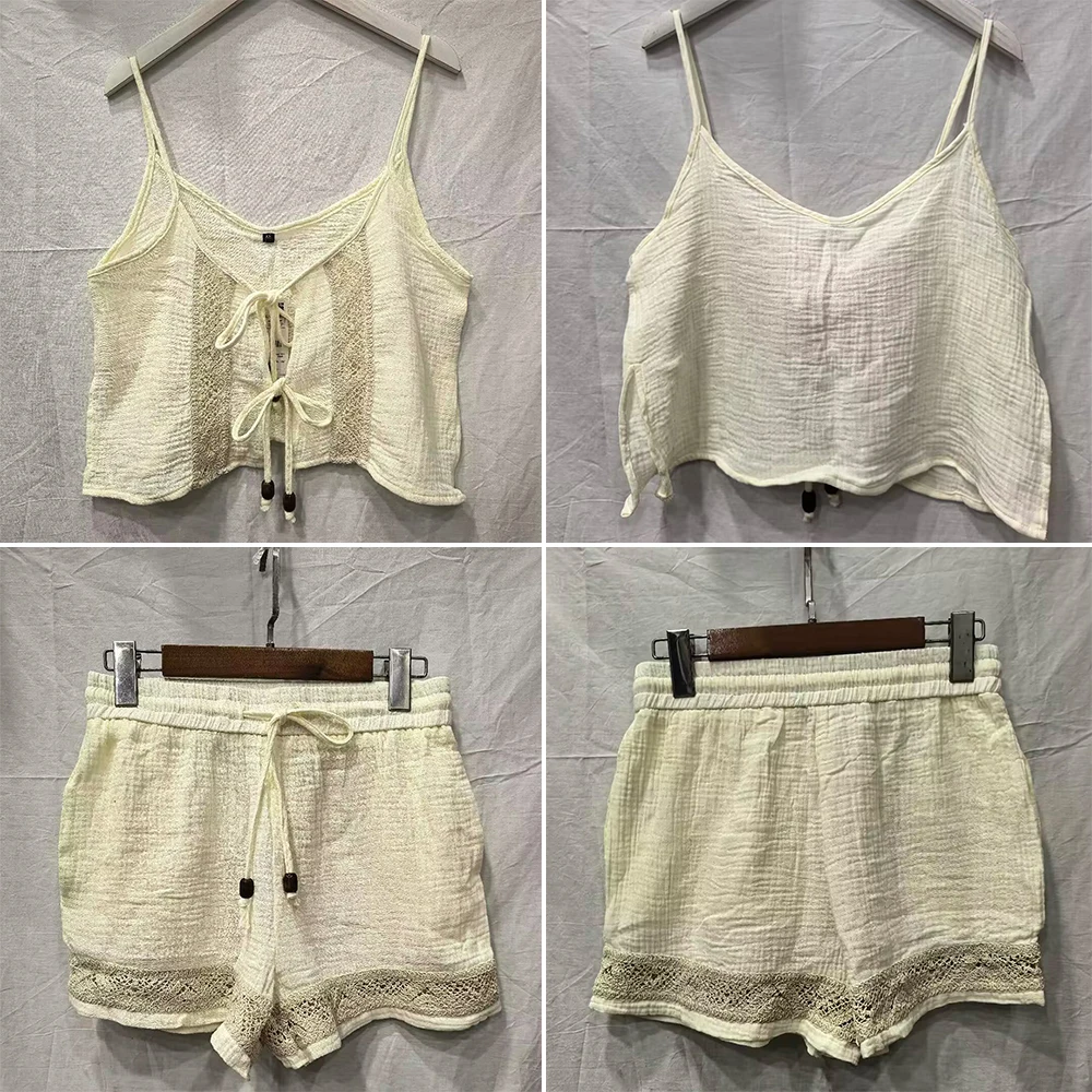 New in Embroidered Shorts Sets for Women Summer Co-ord Sets Embroidered Tie Top and Elastic Waist Shorts with Beaded Drawstrings