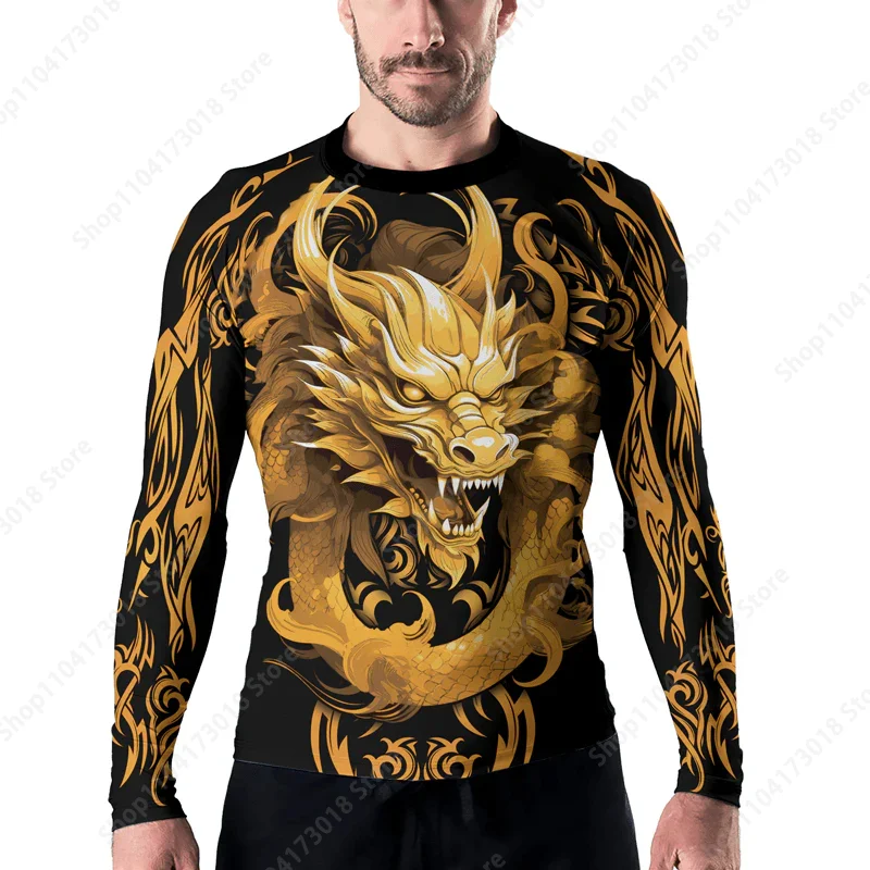 Golden Dragon Majesty Men's Long Sleeve T Shirt for Men and Women Black and Gold Top Fitness Suit Sports Quick Drying Top