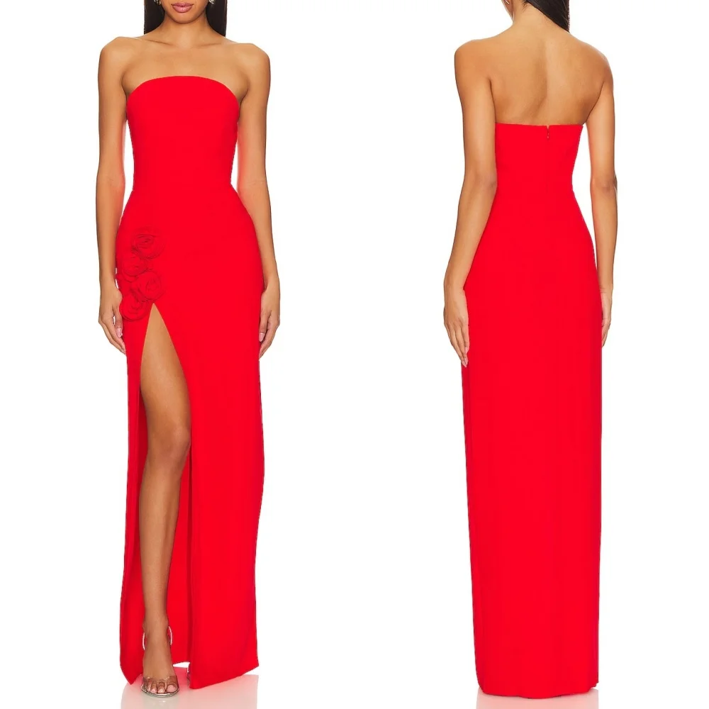 

Customized Matching Fashion Jersey Handmade Flower Straight Strapless Long Dresses Bespoke Occasion Dresses Exquisite Formal