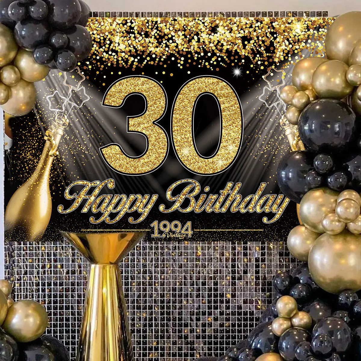 Happy 30th 40th 50th Birthday Backdrop Black Gold Birthday Party Decorations Adults 30 40 50 Years Old Birthday Party Supplies