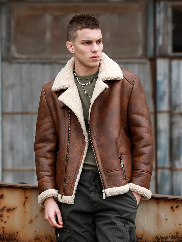 New Winter Fashion Cloth Men\'s Pilot Coat Genuine Sheepskin Shearling Leather Jacket for Male Motorcyclist High Street Brown 5XL