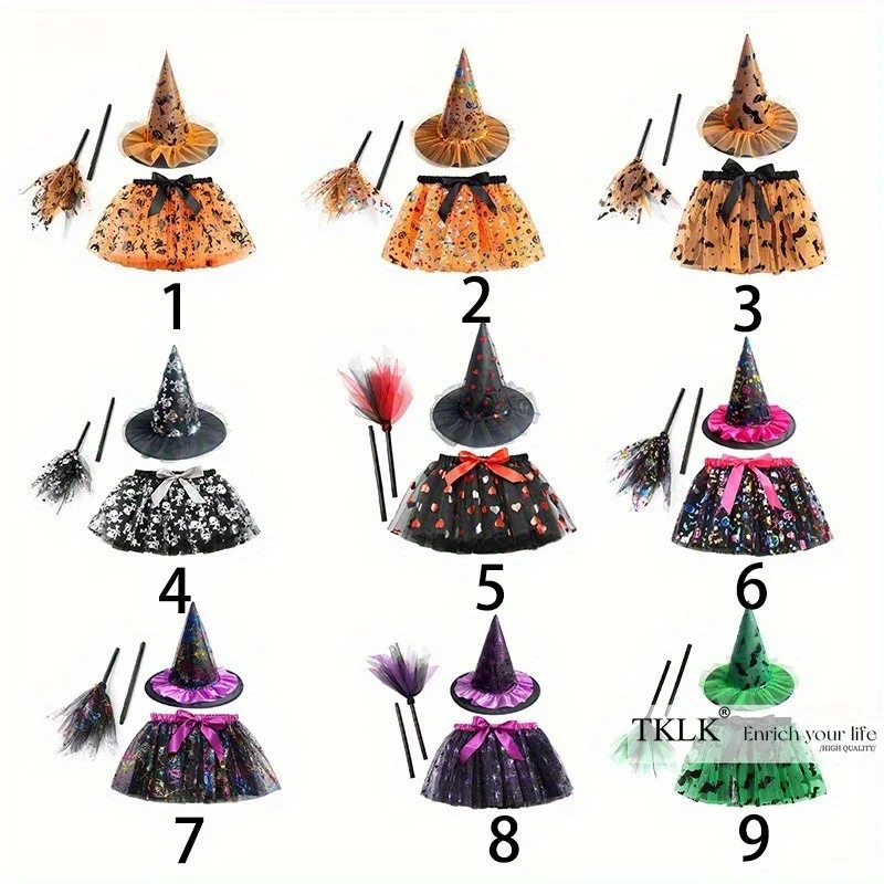 

1 Set Halloween costumes and props, Creations Halloween Witch Costume, Dress with Hat and Broom, for Halloween Costumes Role