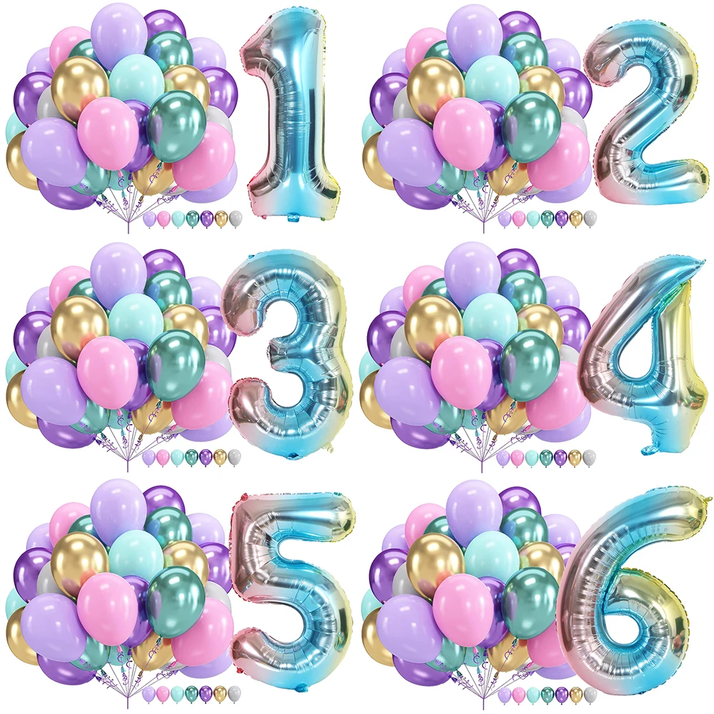 32inch Rainbow Number Foil Balloons Set 10inch Purple Pink Metallic Latex Balloon Baby Shower Birthday Party Decorations Globos