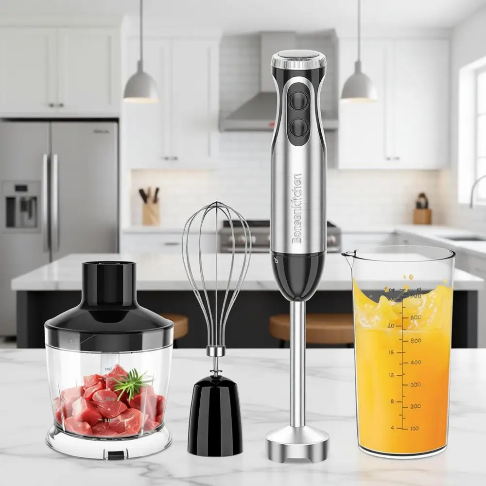 

Multi-Function Handheld Blender with 20 Speeds, Stainless Steel Blade, Egg Whisk, Beaker, Chopper Bowl for Smoothies, Soups, and